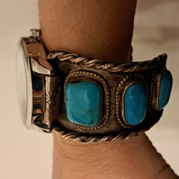 Native American Indian men's sterling turquoise cuff working watch 128 grams - Picture 8 of 9